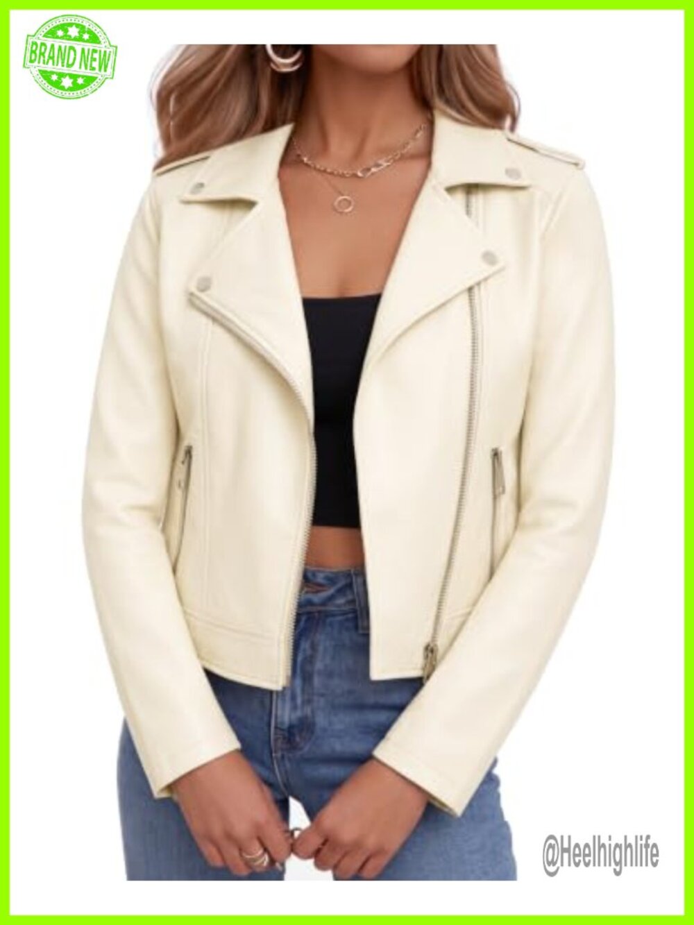 Faux Leather Cropped Moto Biker Jacket Women Zip Up Edgy Outerwear